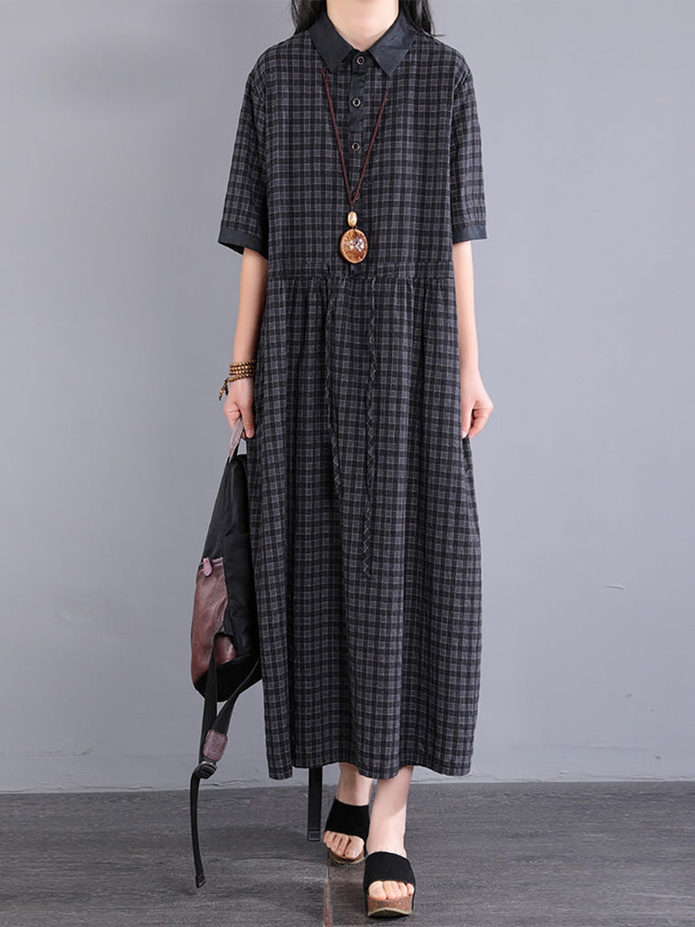 Plus Size Women Artsy Plaid Cotton Linen Dress KL1021 Ada Fashion