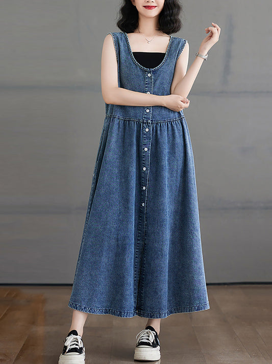 Women Casual Summer Denim A-Shape Loose Vest Dress FD054 BUYKUD