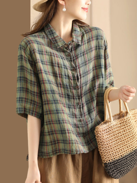 Women Artsy Plaid Summer Button-up Linen Shirt KL1012 Ada Fashion