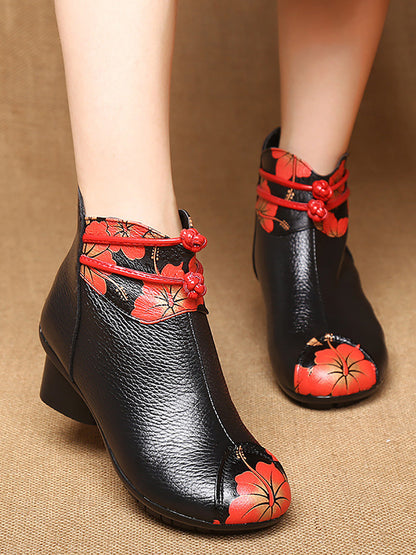 Women Retro Genuine Leather Flower Spliced Chunky Heel Boots AI1010 MXXZ