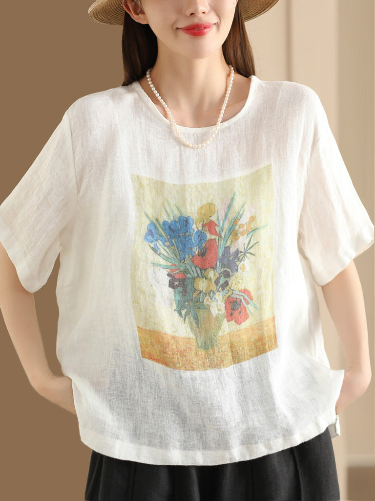 Women Summer Casual Flower Linen Pullover Shirt TY1022 Ada Fashion