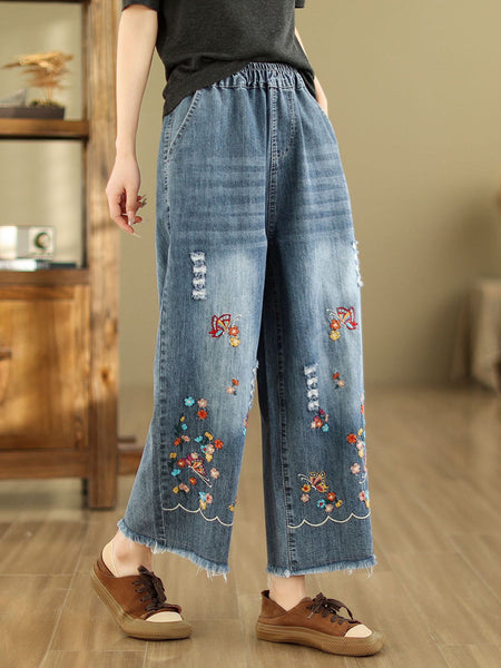 Women Summer Retro Embroidery Frayed Straight Denim Pants AS1042 Ada Fashion