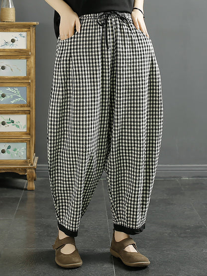 Women Vintage Plaid Summer Cotton Harem Pants QW1044 Ada Fashion