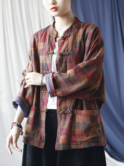 Women Vintage Spring Plaid Cotton Shirt Coat RR001 XIM