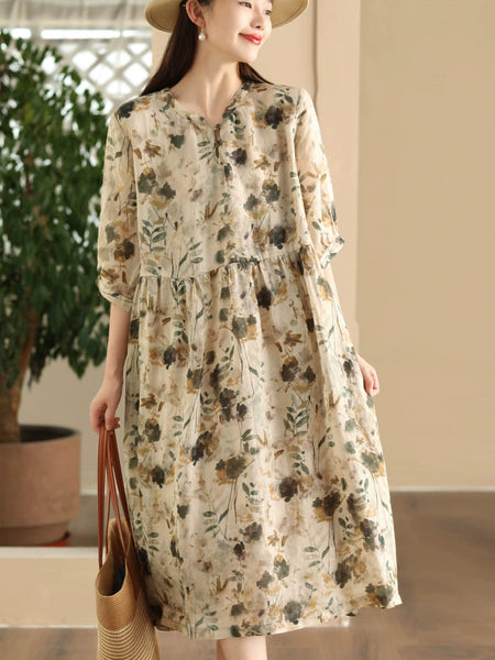 Women Summer Artsy Floral V-Neck Loose Ramie Dress LL020 ZMMM