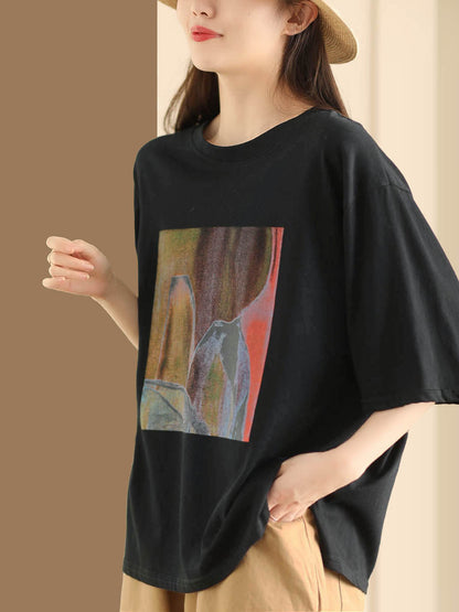 Women Summer Casual Print O-Neck Loose Shirt HH042 LPP