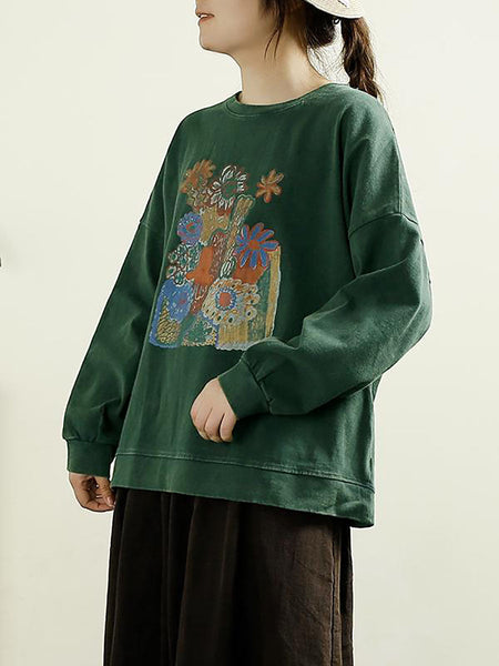 Women Casual Autumn Flower O-Neck Cotton Blouse AT1002 QYZY