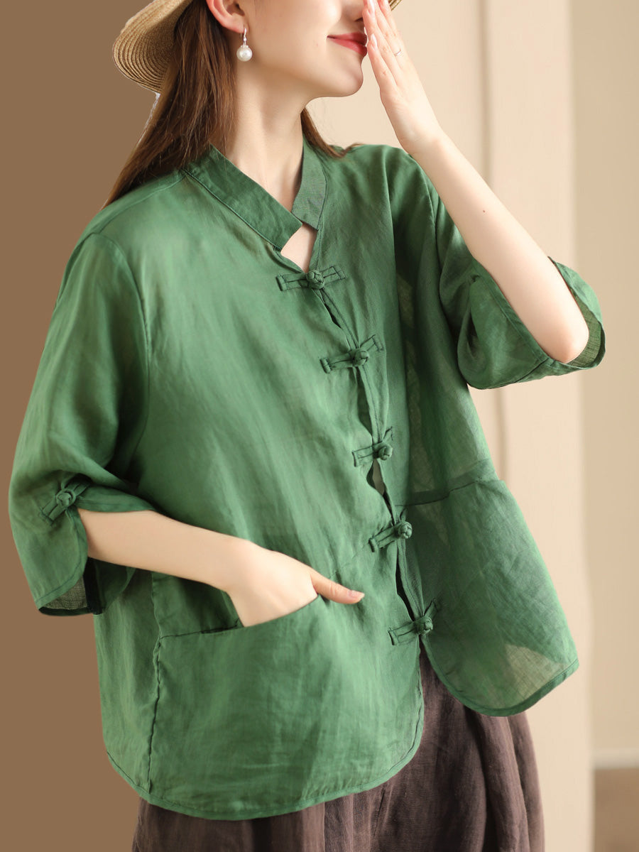 Women Summer Ethnic Solid Button-up Ramie Shirt QW1046 Ada Fashion