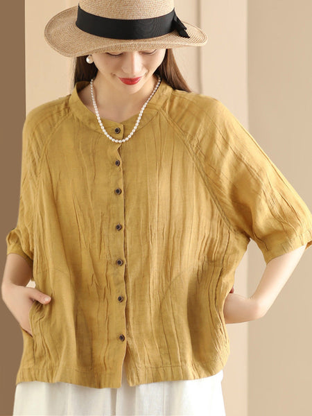 Women Summer Retro Solid Linen Button-up Shirt XX1012 Ada Fashion