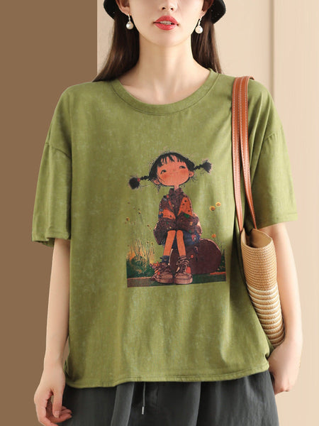 Women Summer Casual Print Retro Pullover Cotton Shirt OO1047 ZMMM