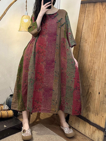 Plus Size Women Summer Vintage Spliced Buckle Cotton Dress OP1057 BK