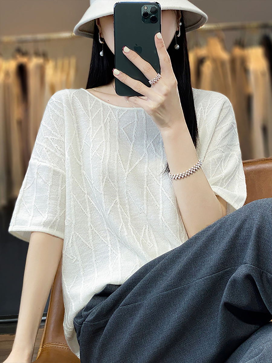 Women Summer Solid Jacquard Loose Half-Sleeve Shirt WE1033 Ada Fashion