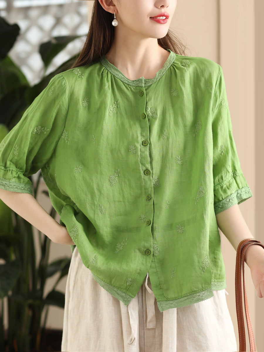 Women Summer Vintage Embroidery Button-up Ramie Shirt CX007 ZMMM