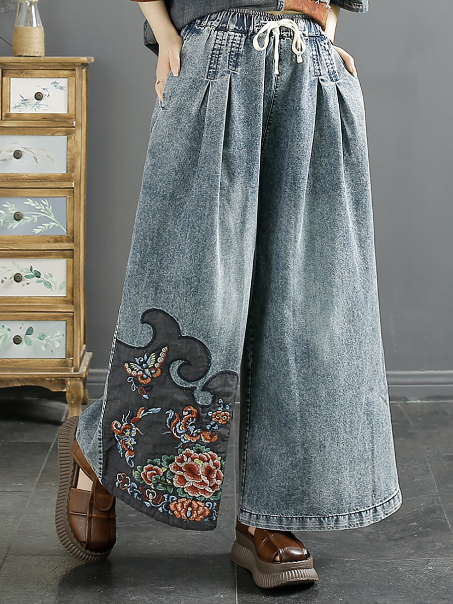 Women Summer Vintage Embroidery Denim Wide-leg Pants AA1039 Ada Fashion