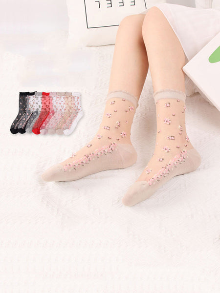 8 Pairs Women Summer Floral Jacquard Thin Socks LL007 BUYKUD