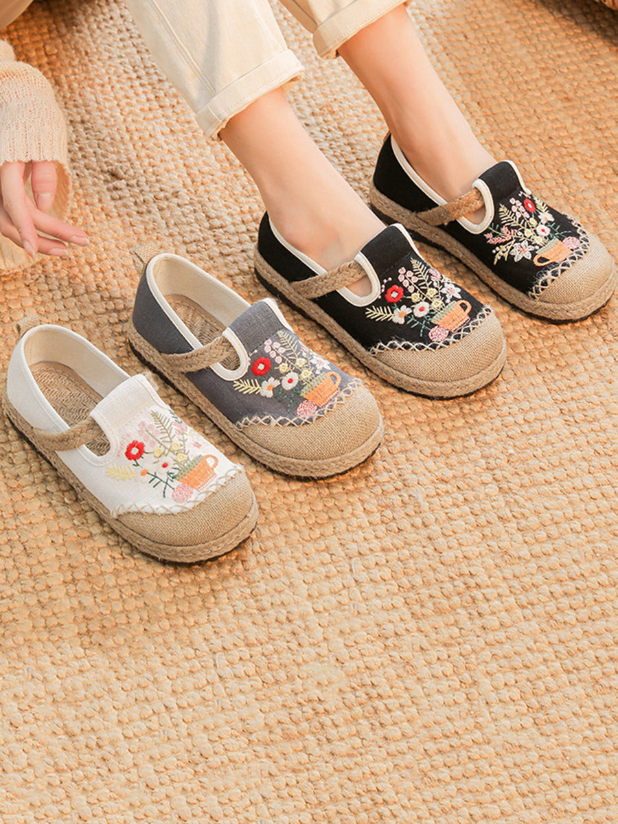 Women Summer Artsy Flower Embroidery Linen Cotton Shoes AT1080 TACH