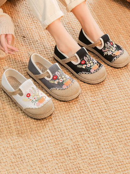 Women Summer Artsy Flower Embroidery Linen Cotton Shoes AT1080 TACH