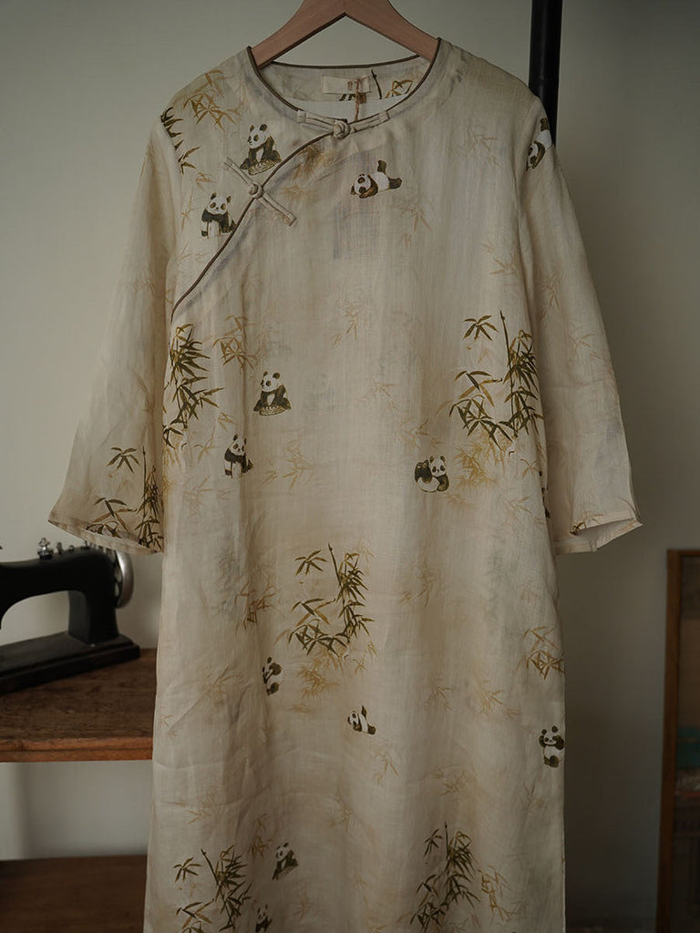 Women Ethnic Summer Bamboo Panda Print Linen Dress XX1055 Ada Fashion