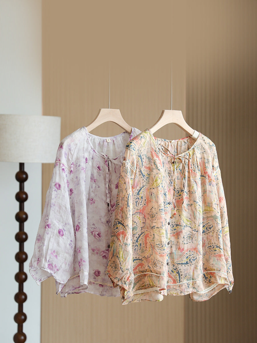 Women Summer Vintage Flower Button-Up Ramie Shirt RR1013 BUYKUD