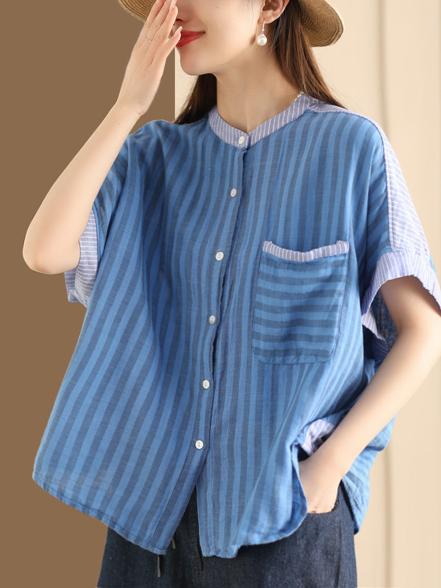 Women Summer Artsy Stripe Spliced Linen Shirt WE1039 Ada Fashion