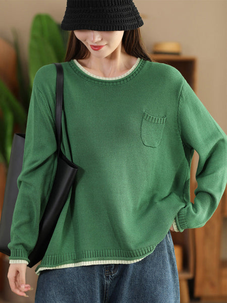 Women Autumn Casual Colorblock O-Neck Cotton Knit Blouse AI1068 BK