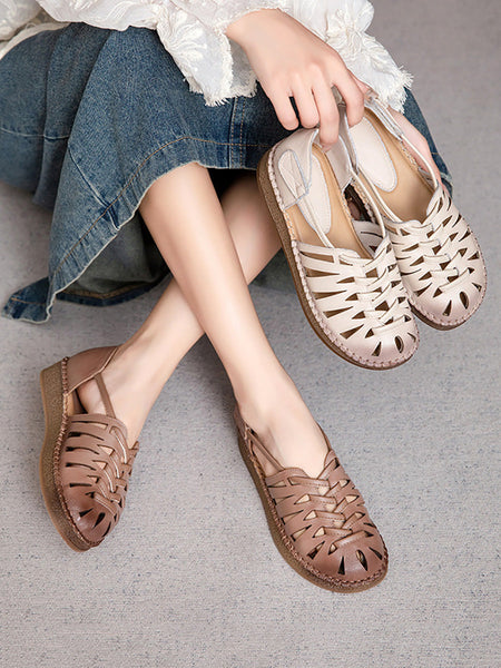 Leather Sandals Heel Low Women Weave Summer FashionChic
