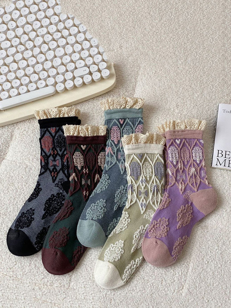 5 Pairs Women Autumn Artsy Flower JAcquard Cotton Socks QM009 BUYKUD