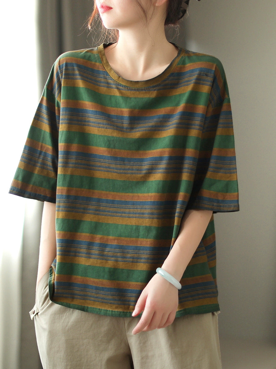 Women Casual Stripe Summer O-Neck Cotton Shirt XX1010 Ada Fashion