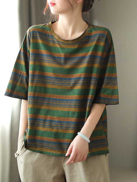 Women Casual Stripe Summer O-Neck Cotton Shirt XX1010 Ada Fashion
