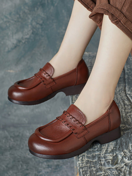 Women Vintage Genuine Solid Leather Low Heel Shoes BA1055 Genistyle Shop