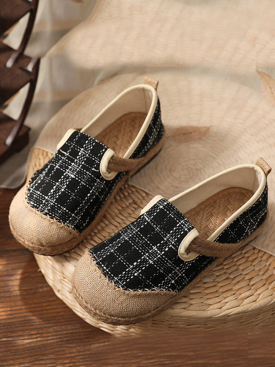 Women Artsy Summer Plaid Linen Spliced Flat Shoes RR007 BUYKUD