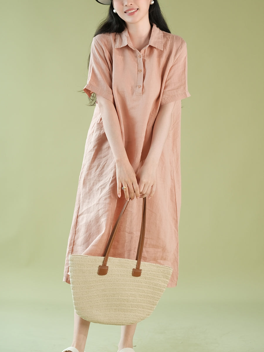 Women Summer Casual Solid Polo Collar 100%Ramie Dress CX056 ZMMM