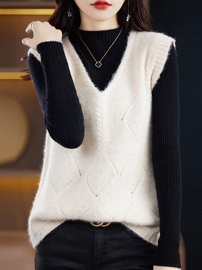 Women Casual Wool V-Neck Twist Knit Vest BA1045 Genistyle Shop