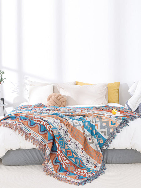 Cotton Summer Nap Ethnic Jacquard Tassel Spliced Blanket AS1033 Ada Fashion