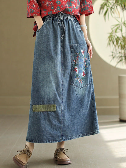 Women Artsy Flower Embroidery Denim Skirt PA1009 Ada Fashion