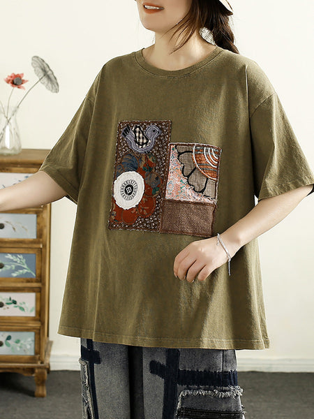 Women Summer Vintage Patch Spliced O-Neck Cotton Shirt HH039 ZMMM
