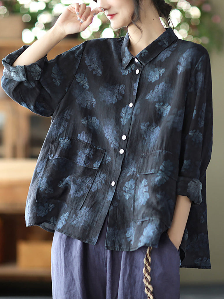 Women Vintage Floral Spring Button Up Ramie Blouse AT1089 BUYKUD