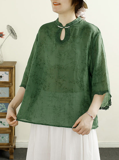 Women Summer Ethnic Floral Embroidery Thin Ramie Shirt HH041 LSFZ