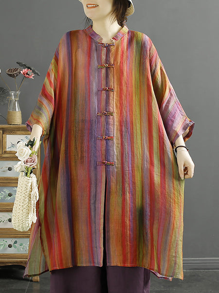 Plus Size Women Summer Stripe Button-up 100%Ramie Shirt Coat KL1032 Ada Fashion