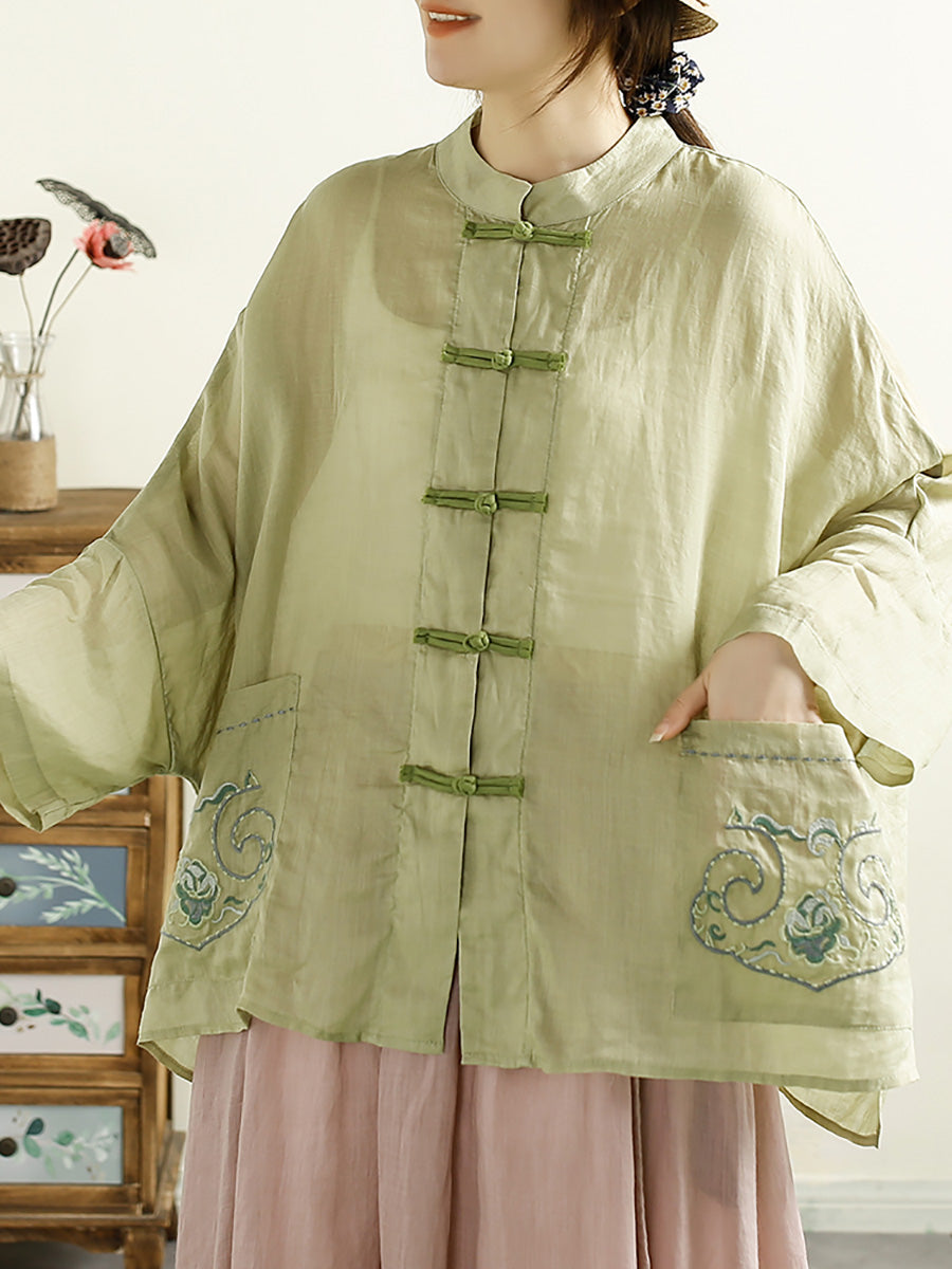 Women Summer Vintage Embroidery Ramie Shirt QW1045 Ada Fashion