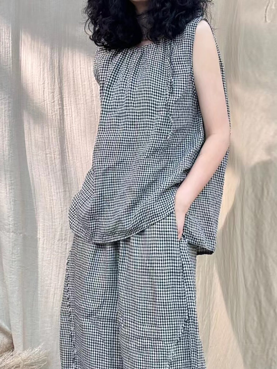 Plus Size Women Vintage Lattice Summer Cotton Linen Suits IO1030 Ada Fashion