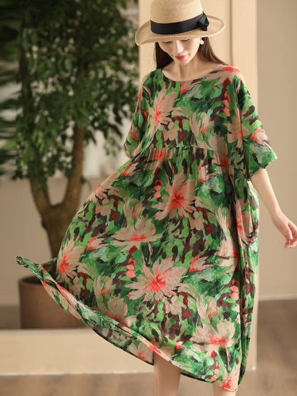 Women Summer Vintage Flower Linen Loose Dress FD043 QJH