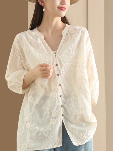 Women Summer Artsy Flower Jacquard Thin Button Cotton Shirt CX037 JLFZ