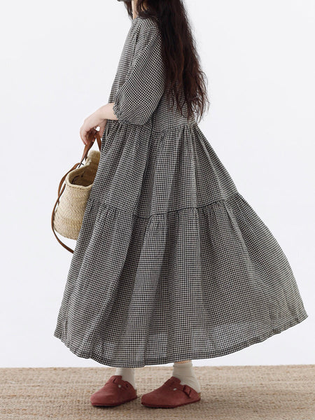 Plus Size Women Artsy Plaid Spliced 100%Cotton Tiered Dress SC1064 Ada Fashion