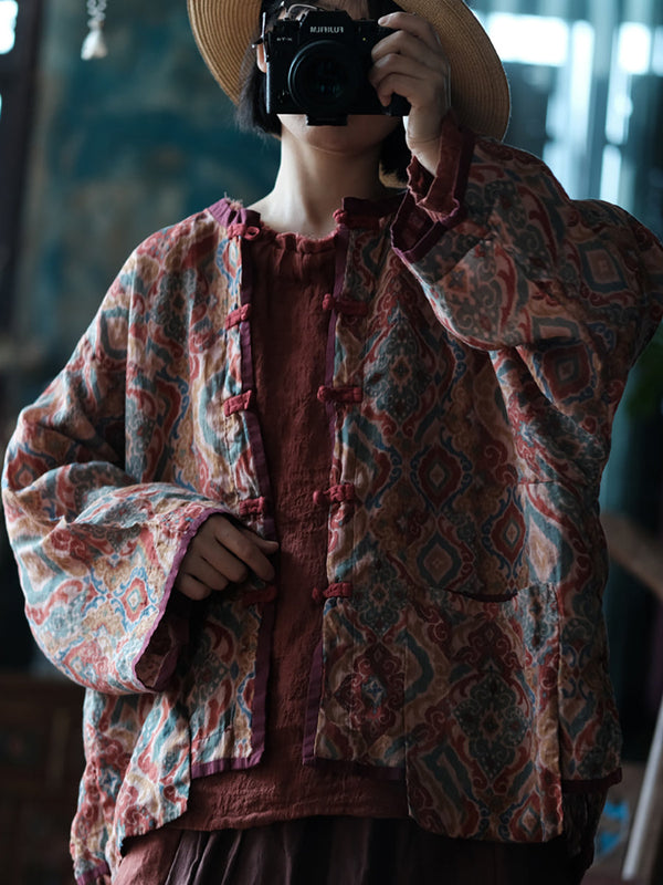 Women Vintage Spring Colorblock Flower Ramie Shirt Coat CO1031 Ada Fashion