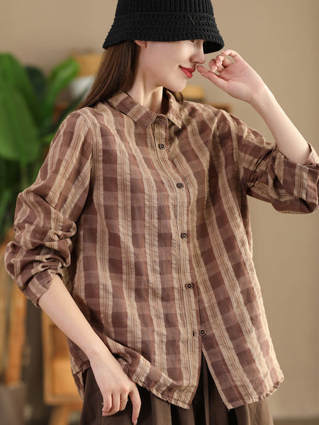 Women Autumn Vintage Plaid Button-up Linen Blouse AT1038 ZMMM