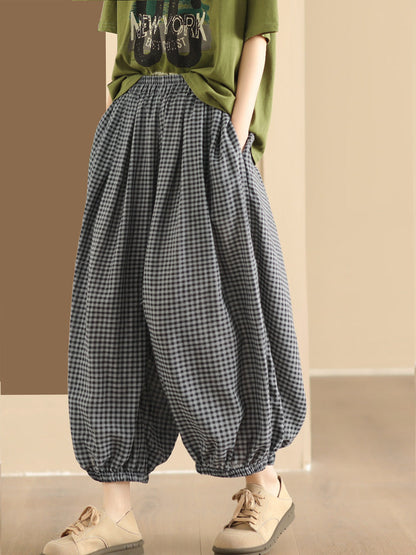 Women Summer Vintage Plaid Cotton Harem Pants ZZ1046 Ada Fashion