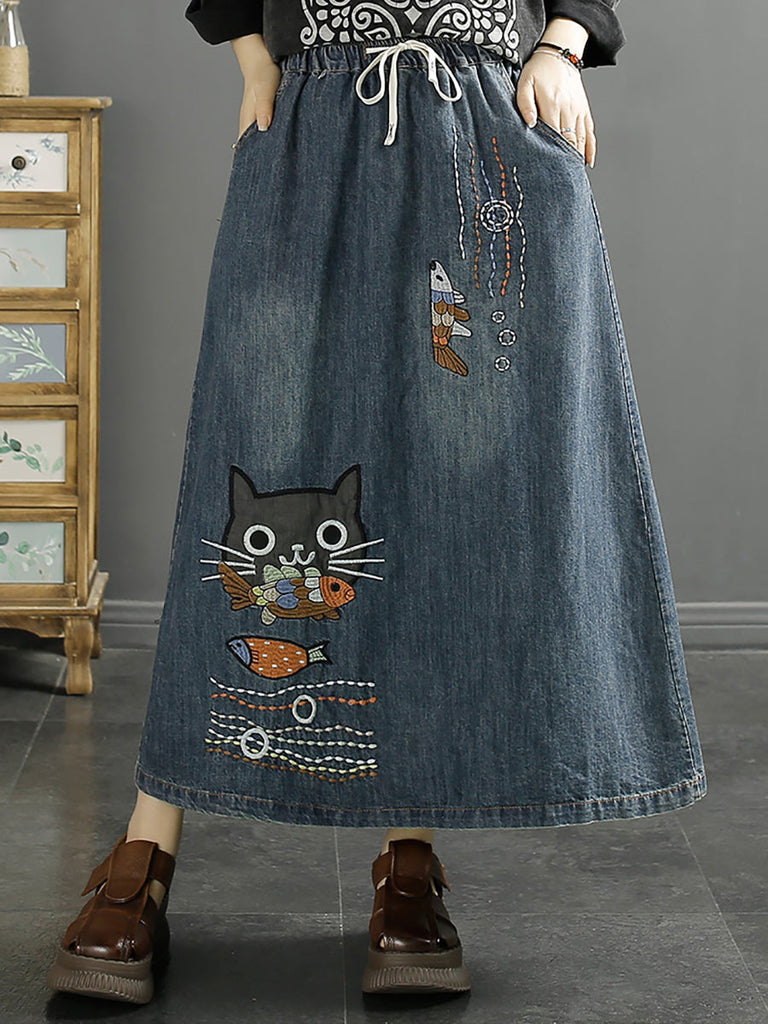 Women Summer Casual Cat Fish Embroidery Denim Skirt KL1008 Ada Fashion