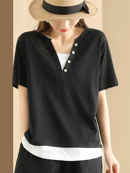 Women Casual Colorblock Pullover V-Neck Cotton Shirt AS1001 Ada Fashion