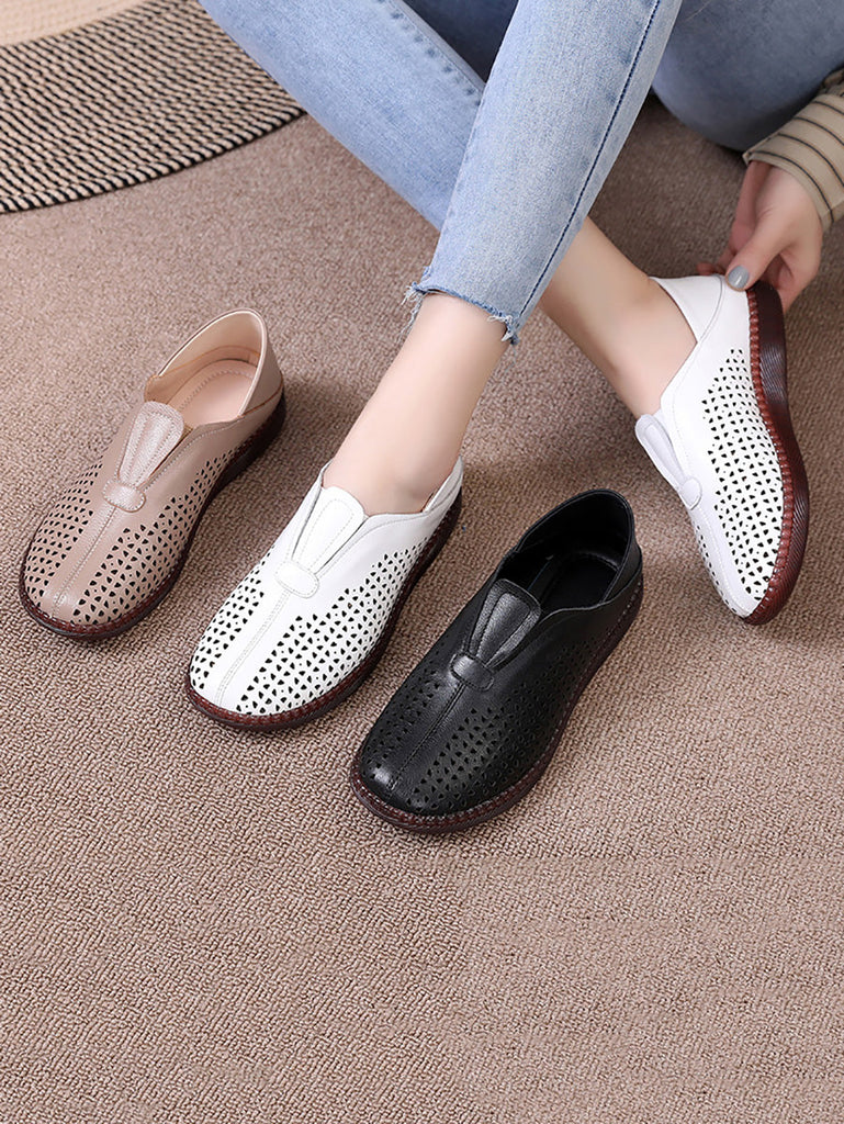 Women Summer Solid Casual Leather Cutout Flat Shoes HH048 HNXZ